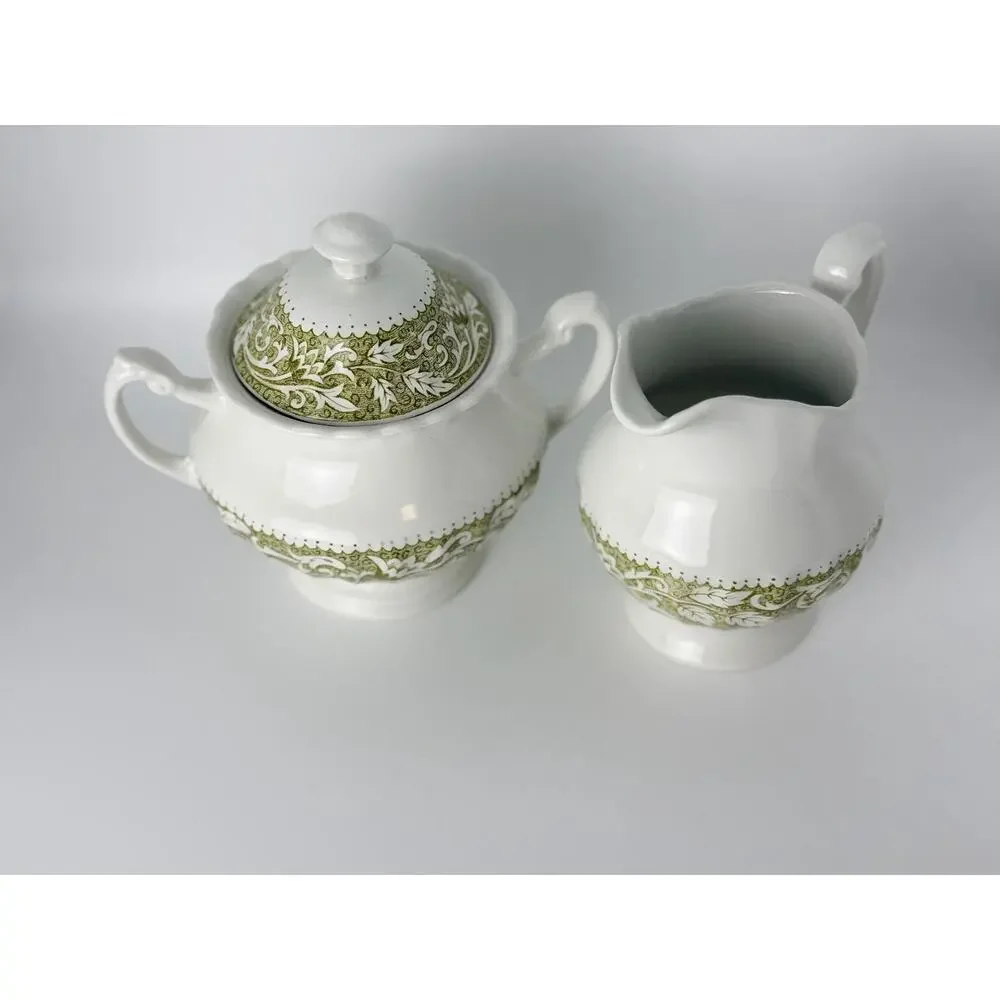 J & G Meakin 'Lucerne' White Ceramic Sugar & Cream Set w Olive Green/Leaf Border